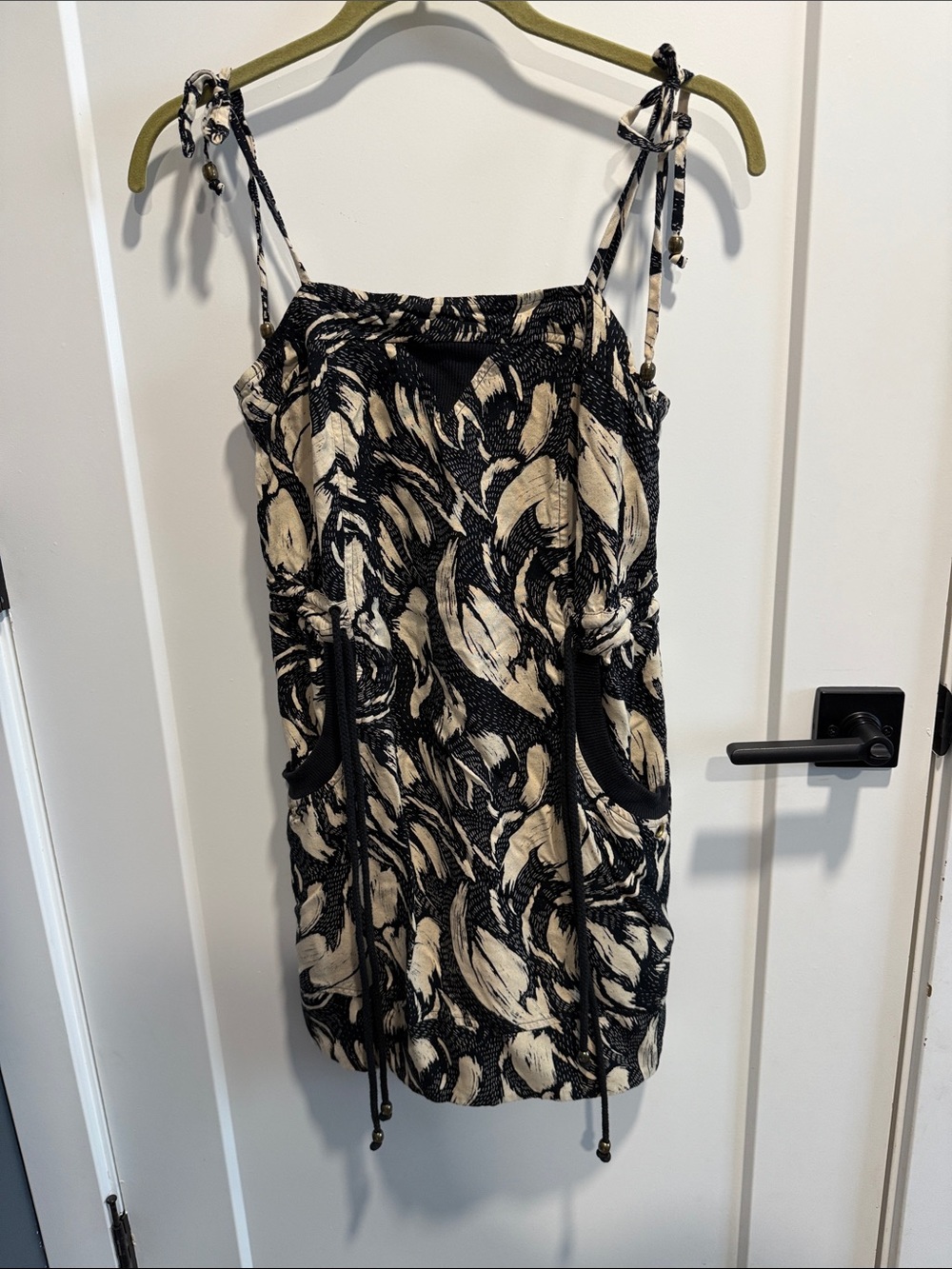 French Connection Black & Cream Printed Tie-Strap Tank Mini Dress Cinch Waist